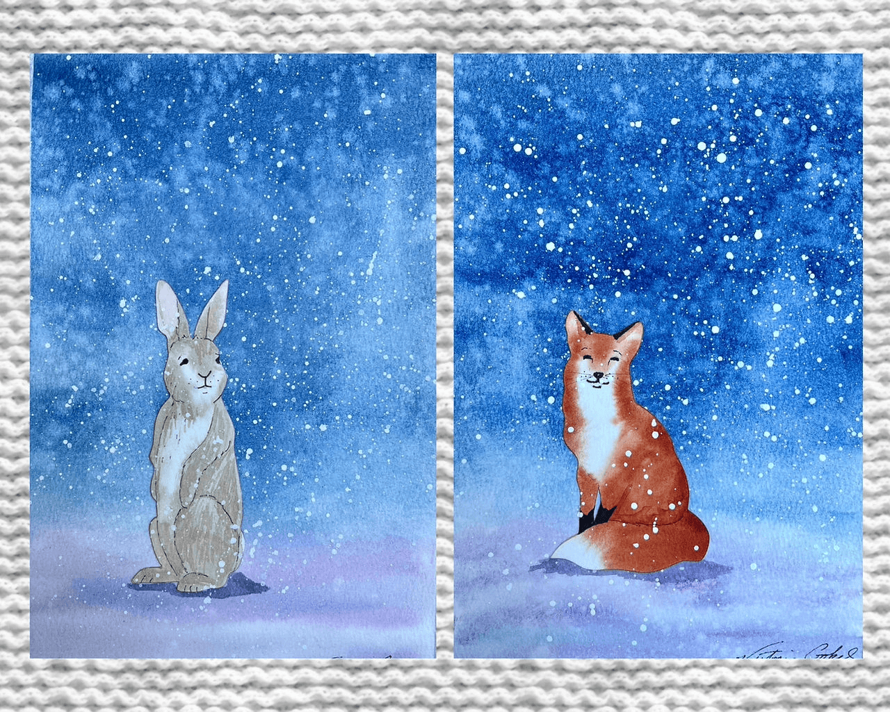 A watercolor painting of a rabbit and a fox in a snowy blue landscape in Central Oregon.