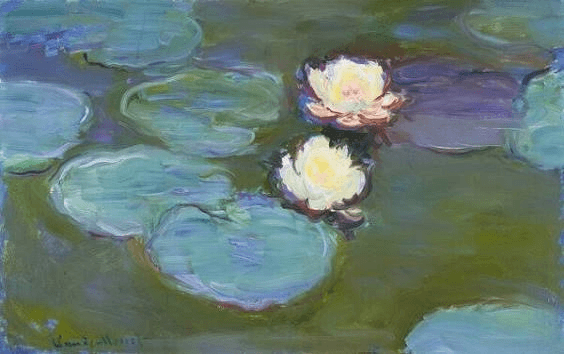 An impressionist painting of white water lilies floating on a dark pond in Central Oregon.