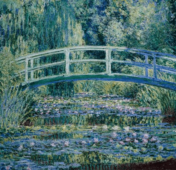 An impressionist painting of a blue bridge over a pond filled with water lilies in Central Oregon.