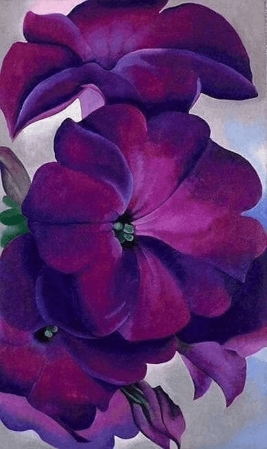 A close-up painting of vibrant purple petunia flowers against a soft background in Central Oregon.