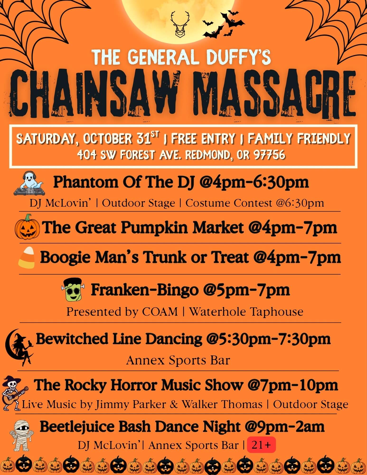 A Halloween event flyer for The General Duffy's Chainsaw Massacre in Redmond, Oregon in Central Oregon.