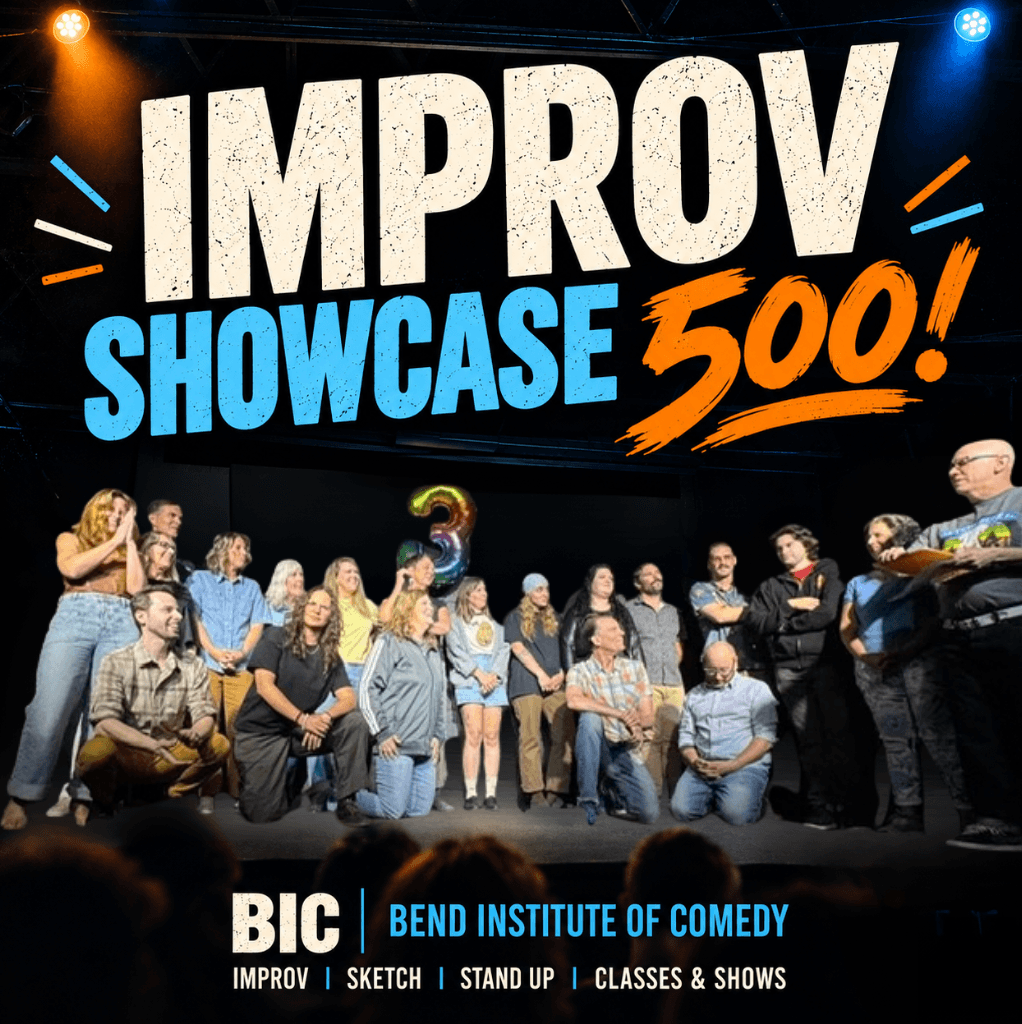A large group of comedians stands on stage for an improv showcase event in Central Oregon.