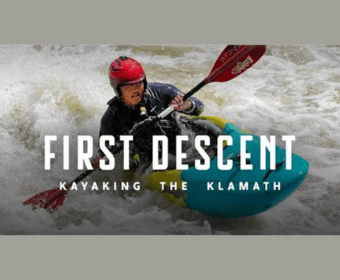 A kayaker paddles through whitewater rapids with text overlaying the image in Central Oregon.