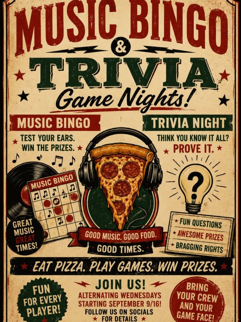 A vintage-style poster advertising music bingo and trivia game nights featuring pizza and music in Central Oregon.