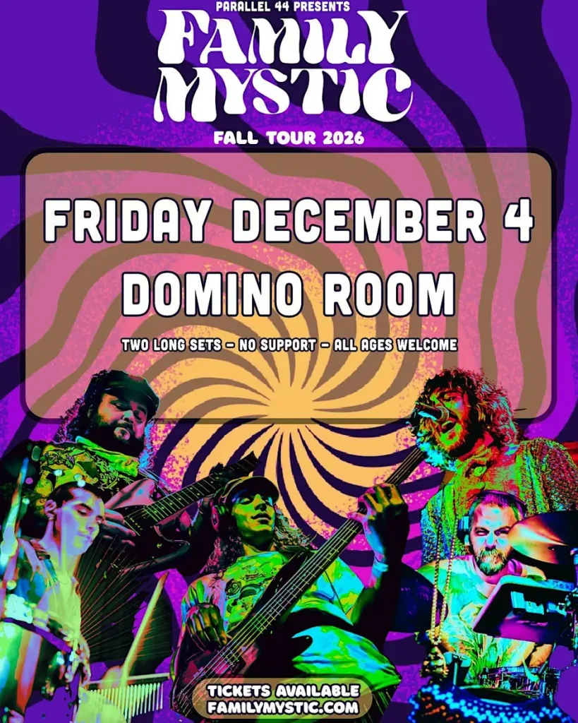 A psychedelic concert poster for the band Family Mystic featuring a band performance in Central Oregon.