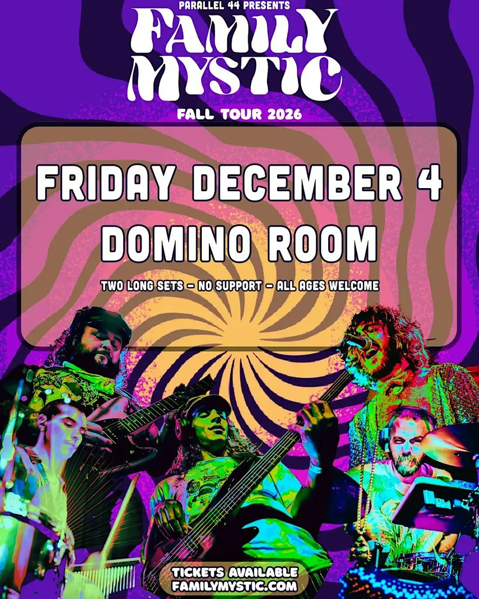 A psychedelic concert poster for the band Family Mystic featuring a band performance in Central Oregon.