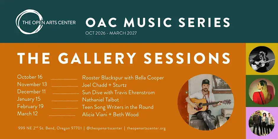 A promotional flyer for The Open Arts Center music series featuring a concert schedule in Central Oregon.