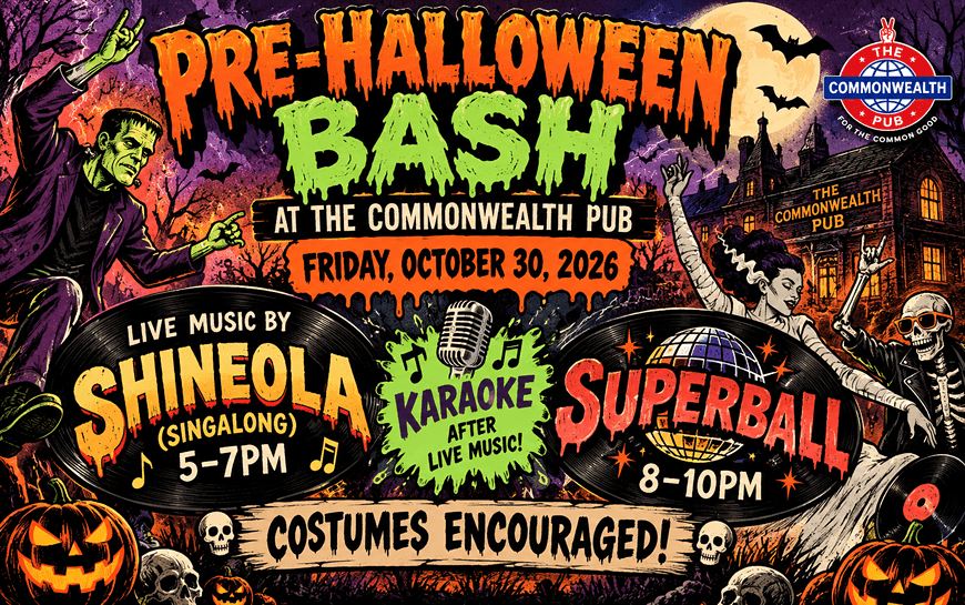 A vibrant, spooky poster for a Pre-Halloween Bash at The Commonwealth Pub in Central Oregon.