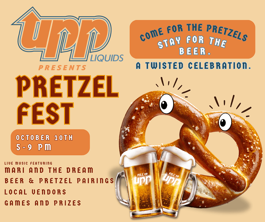 A promotional flyer for a Pretzel Fest event featuring a cartoon pretzel and beer in Central Oregon.