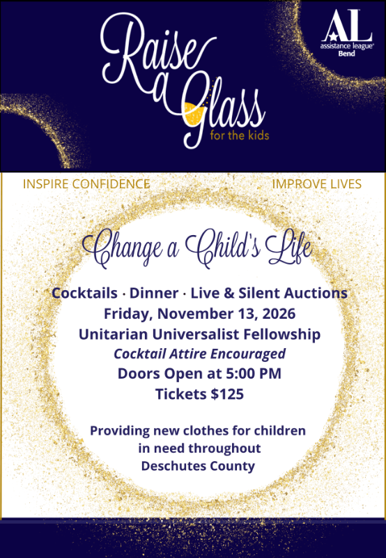 A flyer for an Assistance League charity event titled Raise a Glass for the kids in Central Oregon.