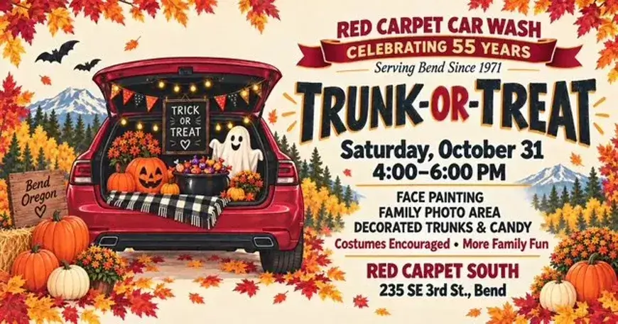 A promotional flyer for a Trunk-or-Treat event at a car wash in autumn in Central Oregon.