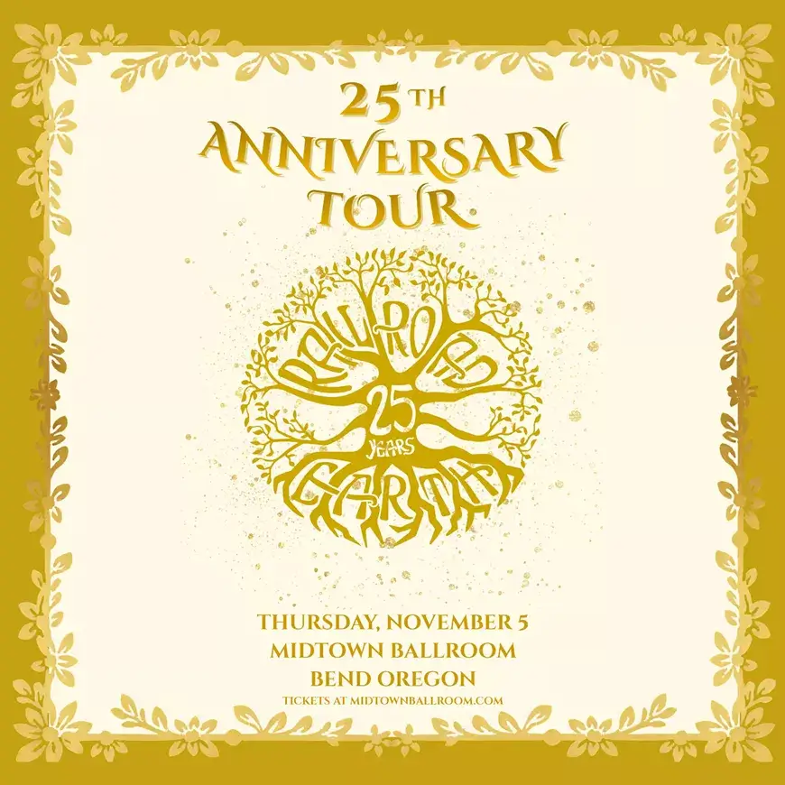 A gold-themed poster for Railroad Earth's 25th Anniversary Tour at Midtown Ballroom in Central Oregon.