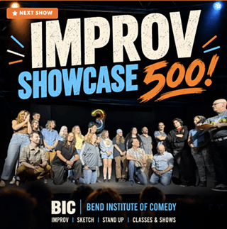 A group of performers on stage for an improv comedy showcase event in Central Oregon.