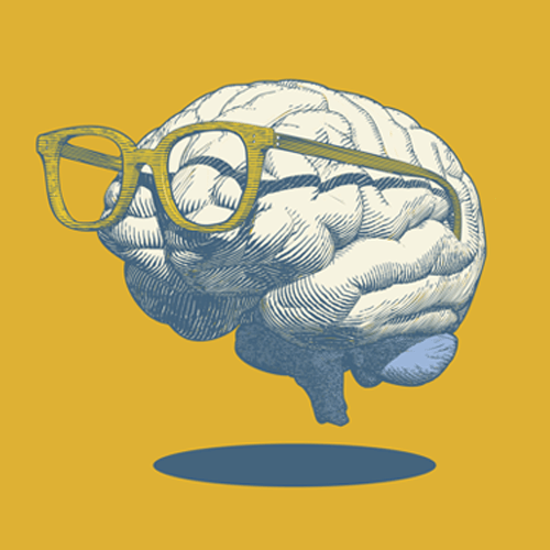 An illustration of a human brain wearing yellow glasses against a mustard background in Central Oregon.