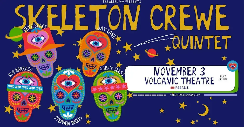 A concert poster featuring five colorful sugar skulls against a dark blue starry background in Central Oregon.
