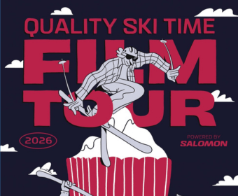 A stylized graphic for the 2026 Quality Ski Time Film Tour featuring a skier in Central Oregon.