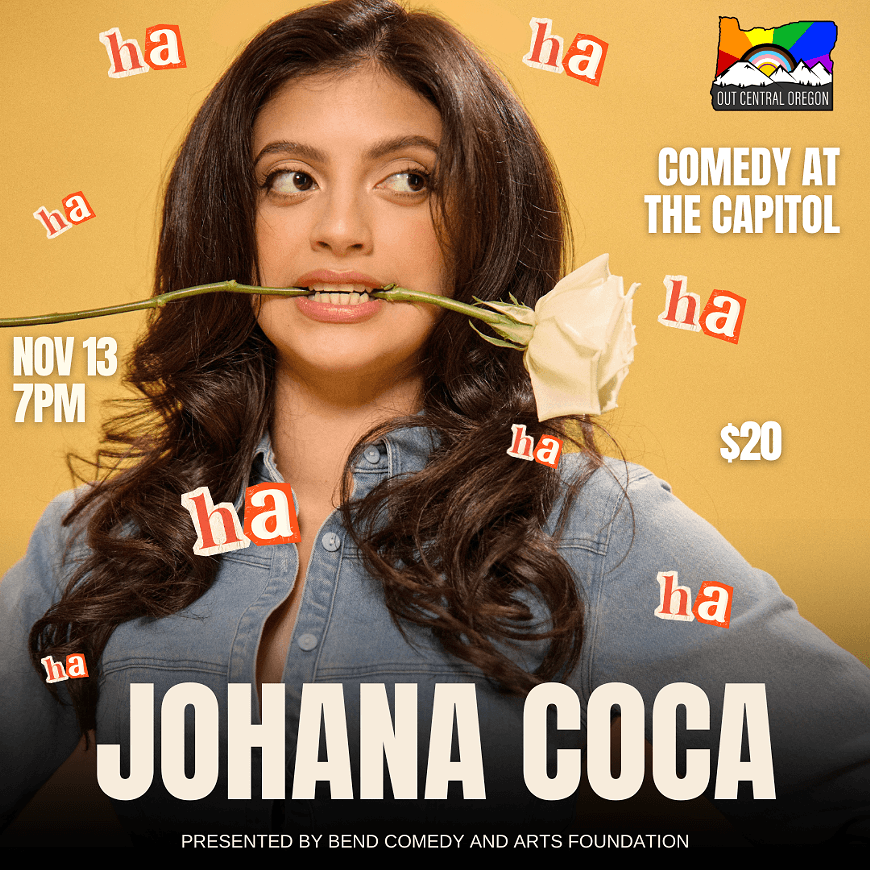A woman with a rose in her mouth on a yellow comedy event poster in Central Oregon.