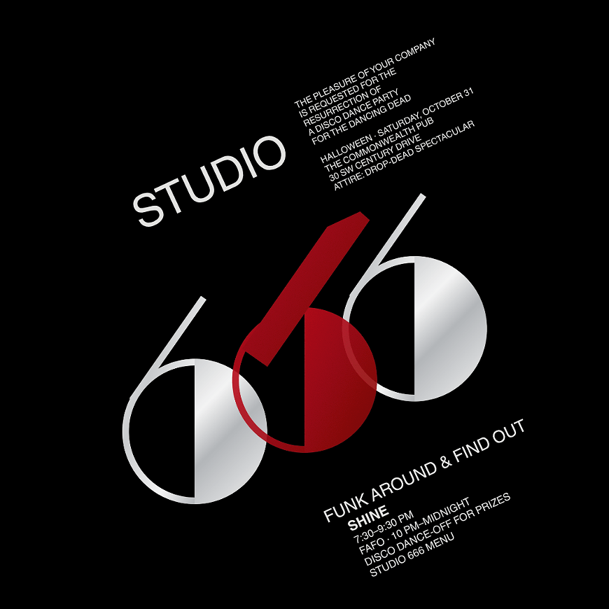 A graphic design poster for a Studio 666 Halloween disco dance party in Central Oregon.