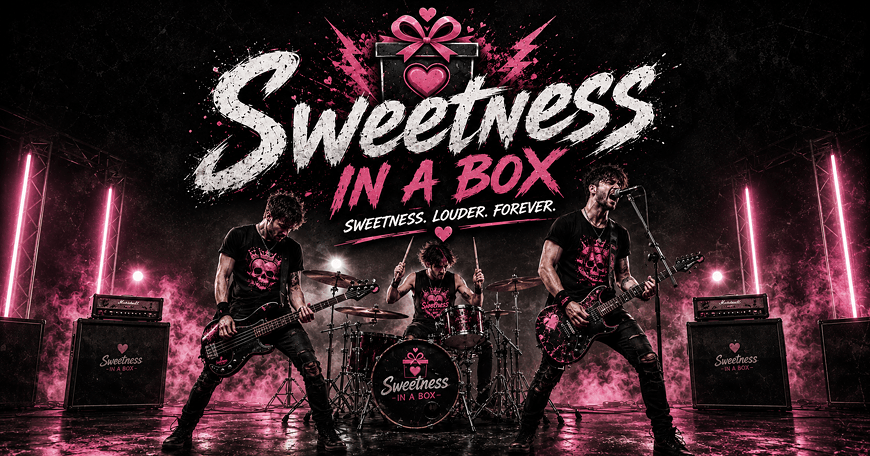 A rock band performs on stage with pink lighting and the text Sweetness in a Box in Central Oregon.