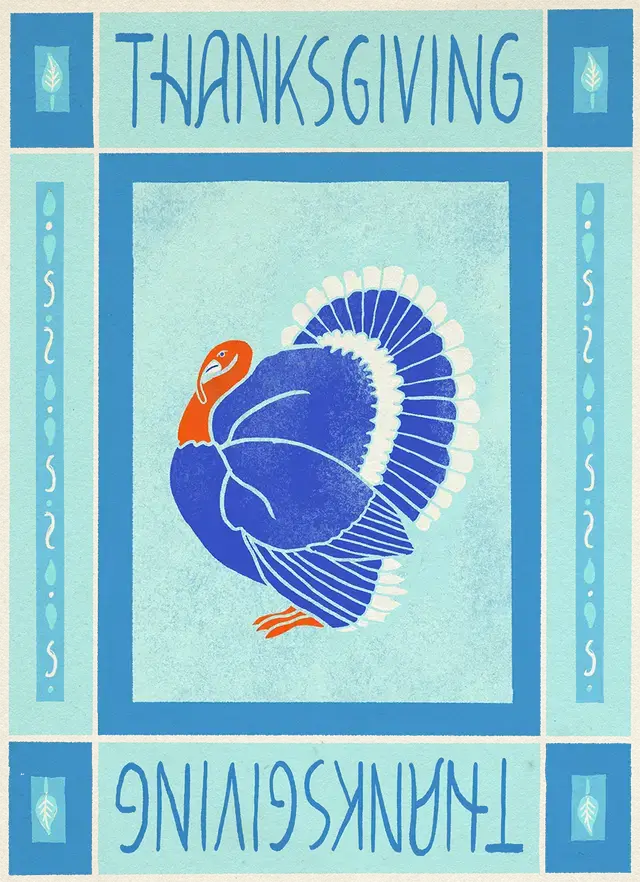 A stylized blue turkey illustration with the word Thanksgiving written above and below in Central Oregon.