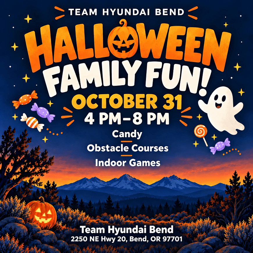 A Halloween event flyer for Team Hyundai Bend featuring a sunset mountain landscape in Central Oregon.