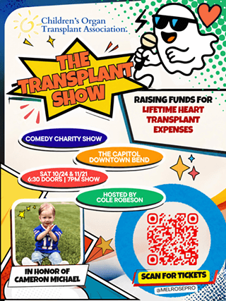 A colorful event flyer for a comedy charity show benefiting heart transplant expenses in Central Oregon.