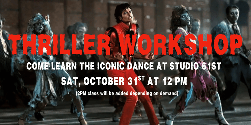 A promotional flyer for a Thriller dance workshop featuring Michael Jackson and zombies in Central Oregon.