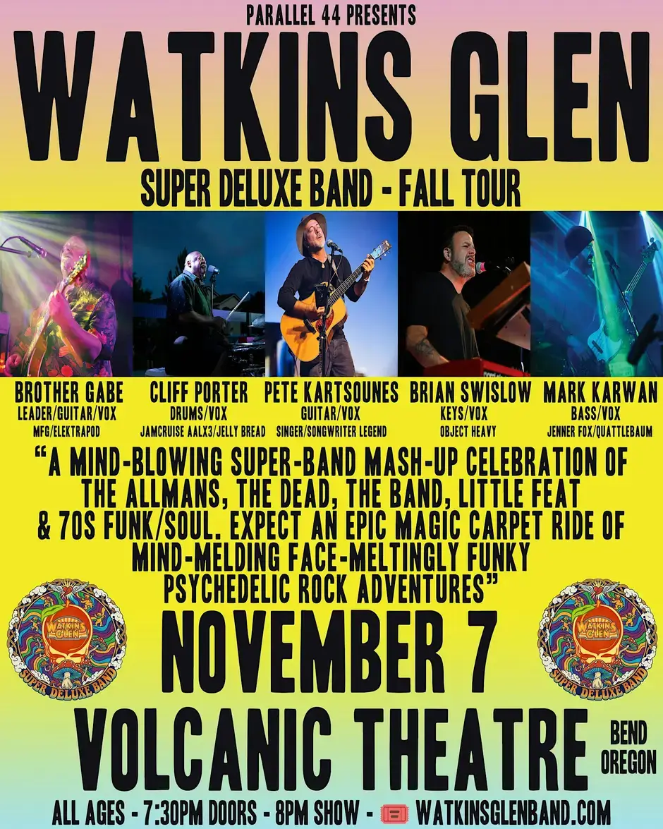 A concert poster for the Watkins Glen Super Deluxe Band fall tour in Central Oregon.